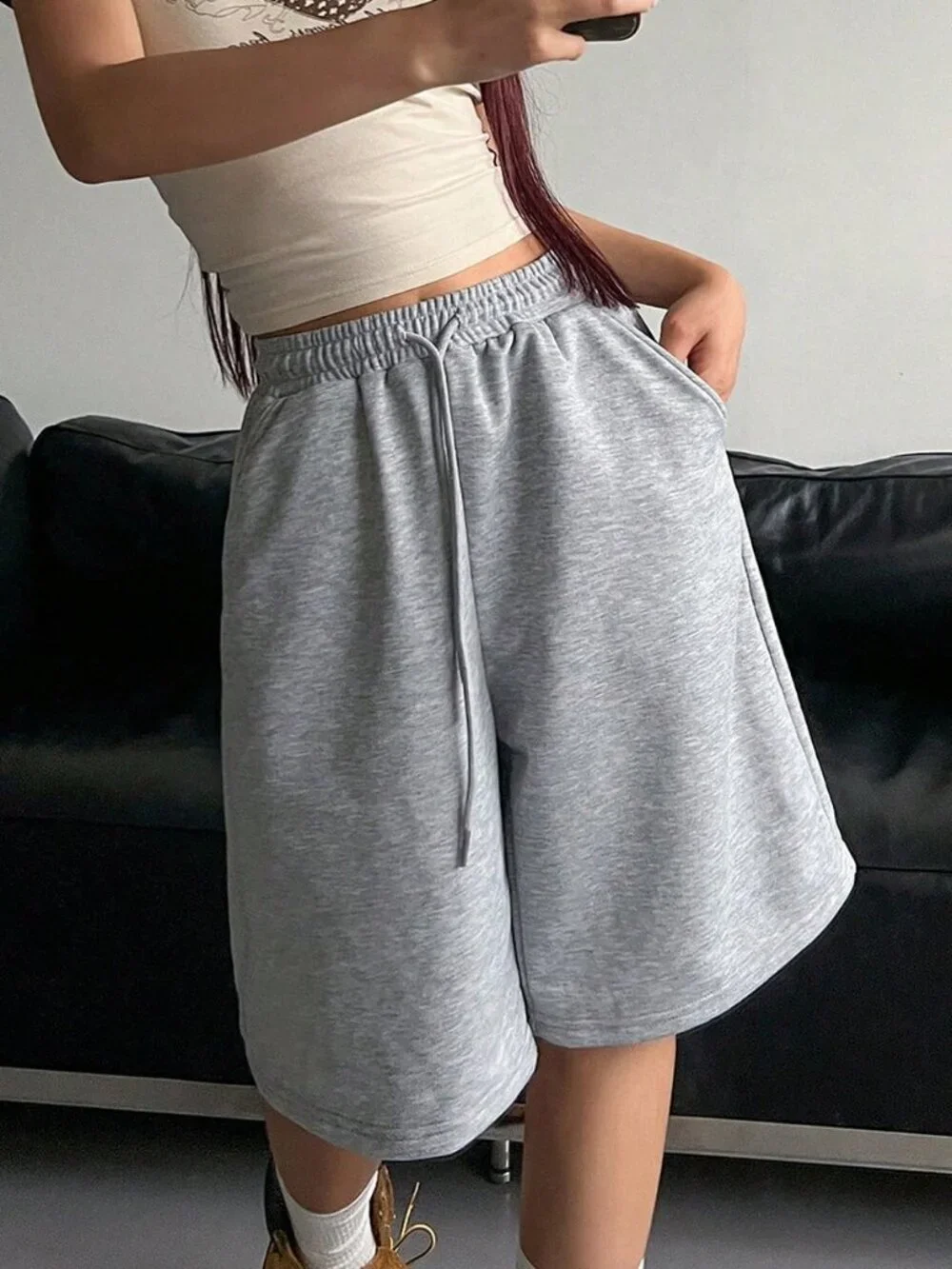 Grey Casual Women's Elasticated Drawstring Bermuda Shorts - Picture 3 of 5